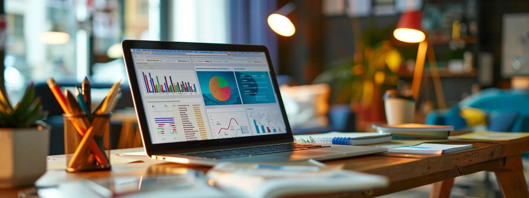 a dynamic urban office scene showcases a modern laptop displaying vibrant travel credit card rewards graphs and charts, surrounded by colorful brochures of exotic destinations, conveying the excitement of earning travel rewards through credit card purchases.