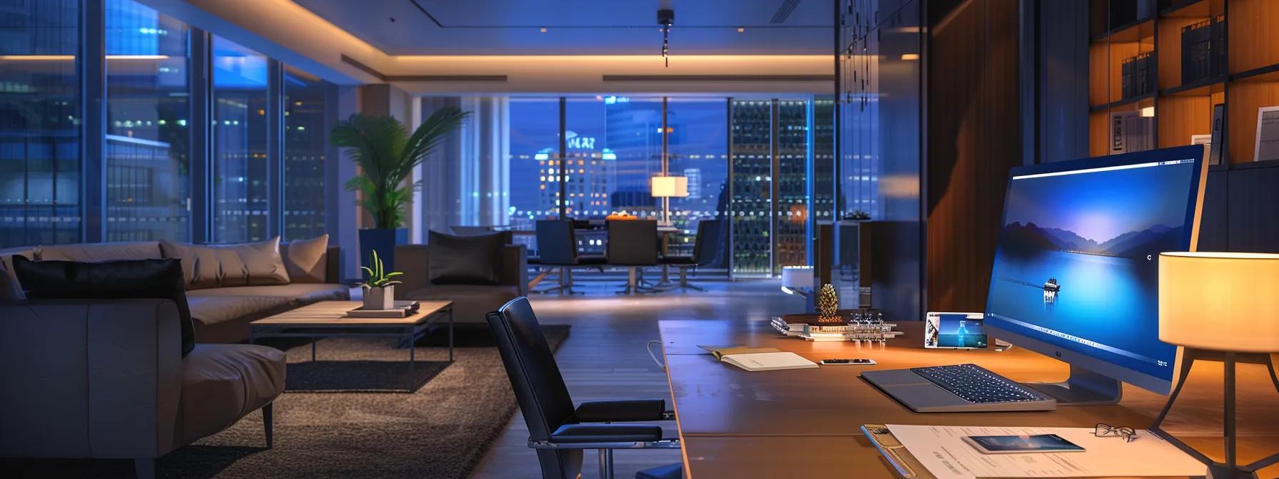 a sleek, modern office space filled with high-tech travel planning tools and credit card brochures, illuminated by focused task lighting, highlighting a confident individual analyzing travel credit card rewards on a laptop screen.