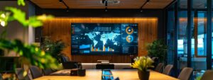 a sleek modern office setting with a large digital screen displaying a vibrant infographic comparing travel points and cash back rewards, illuminated by dynamic overhead lighting to emphasize a professional atmosphere.