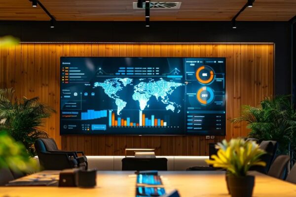 a sleek modern office setting with a large digital screen displaying a vibrant infographic comparing travel points and cash back rewards, illuminated by dynamic overhead lighting to emphasize a professional atmosphere.