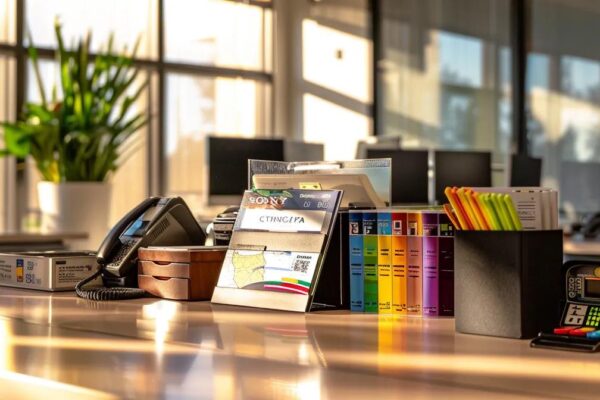 a sleek modern office space features a polished desk with an array of vibrant travel credit card designs prominently displayed, illuminated by a warm, focused light that highlights the glossy textures and evokes a sense of financial adventure and rewards.