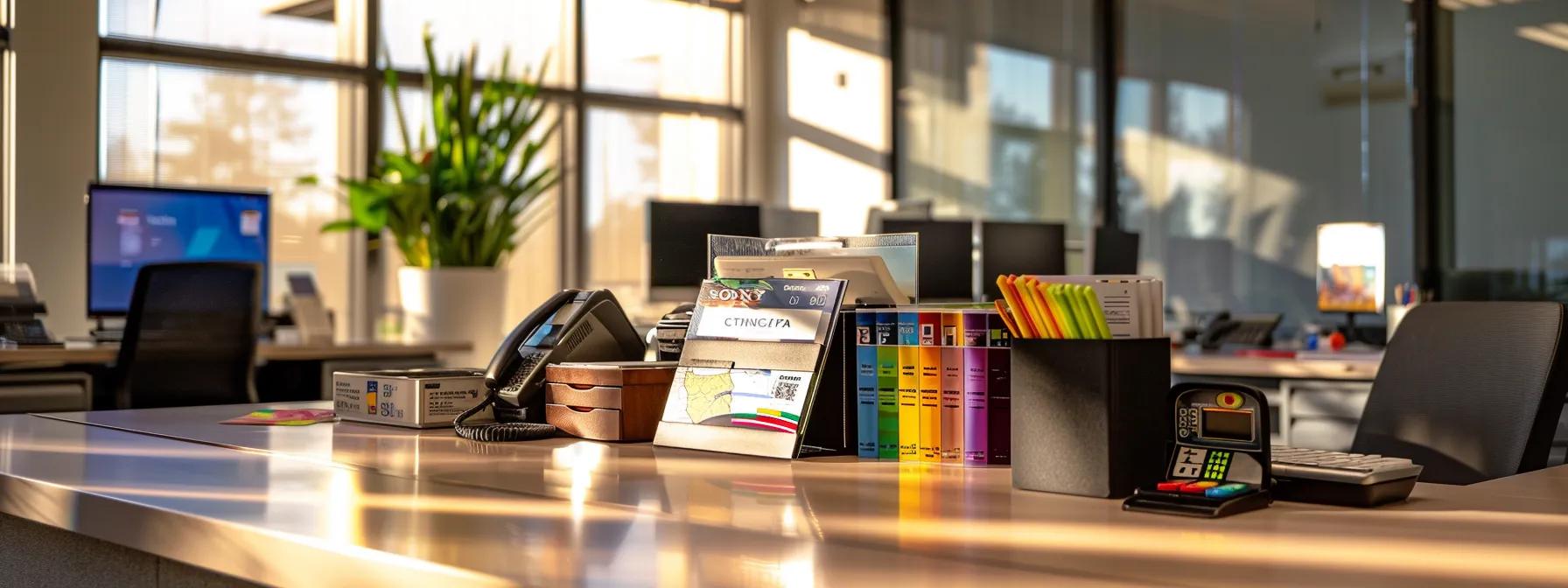 a sleek modern office space features a polished desk with an array of vibrant travel credit card designs prominently displayed, illuminated by a warm, focused light that highlights the glossy textures and evokes a sense of financial adventure and rewards.