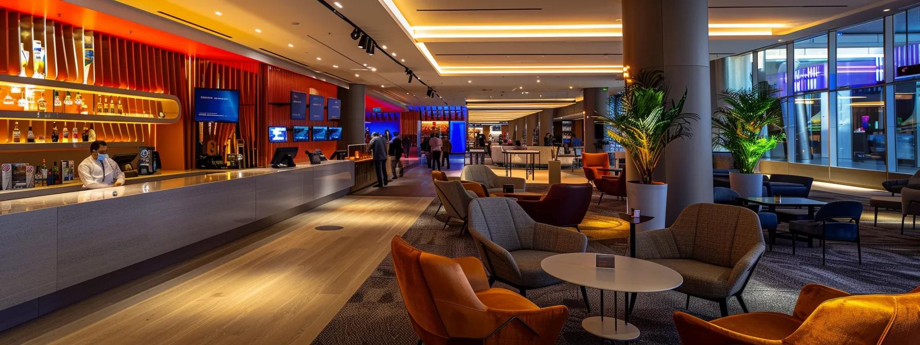 a sleek, modern travel lounge filled with sophisticated travelers engaging with premium amenities, such as exclusive access points, elegant seating arrangements, and vibrant displays of credit card travel perks, all illuminated by soft, atmospheric lighting.