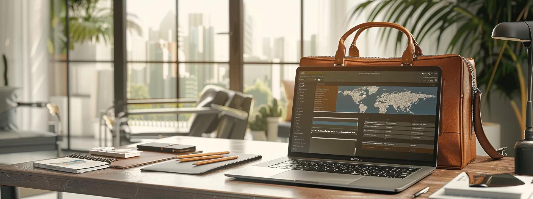 a sophisticated office setting features a modern laptop displaying a dynamic travel rewards dashboard, surrounded by luxury travel guides and a sleek leather briefcase, symbolizing advanced techniques for maximizing travel points benefits.
