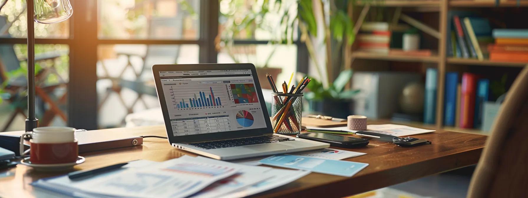 a vibrant office setting showcases a focused individual analyzing credit card statements and rewards charts on a sleek laptop, surrounded by colorful travel brochures and a digital tablet displaying a points tracker, emphasizing the strategic pursuit of credit card points and miles.