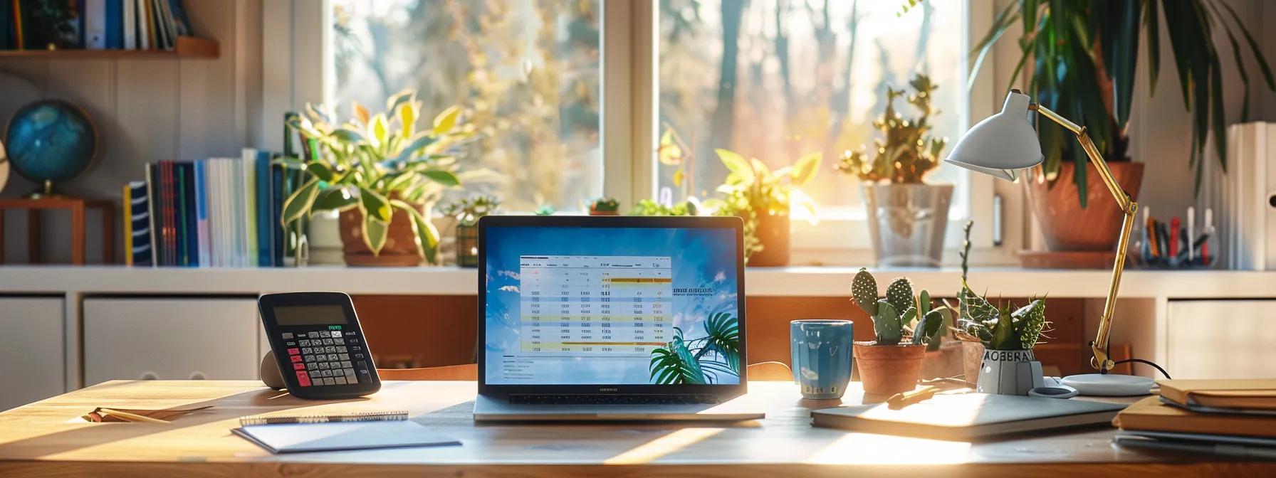 a modern office workspace features a sleek desk adorned with a laptop displaying a travel rewards comparison chart, while a stylish calculator and travel guidebook sit nearby, emphasizing the thoughtful decision-making process between travel points and cash back rewards.