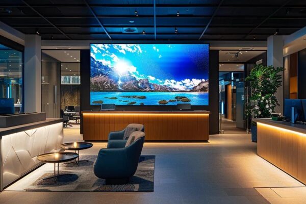 a sleek, modern office workspace displays two contrasting digital screens: one showcasing vibrant travel destinations represented by credit card points and the other highlighting enticing cash back rewards, illuminated by the soft glow of ambient lighting.
