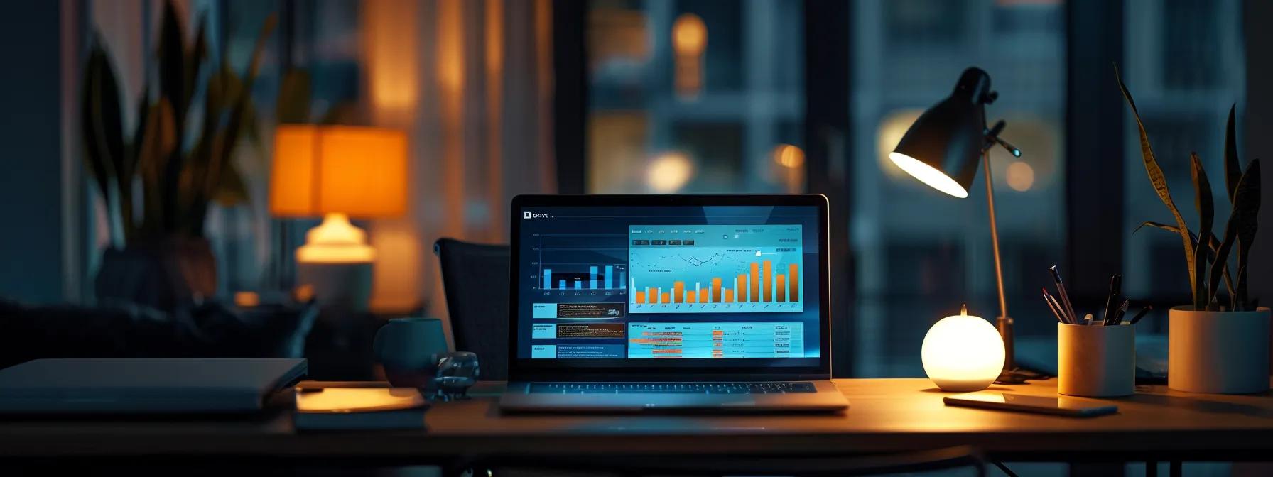 a sleek, modern office workspace features an open laptop displaying a colorful infographic on credit card points and cash back strategies, illuminated by the focused glow of task lighting, conveying a sense of financial empowerment and strategic planning.