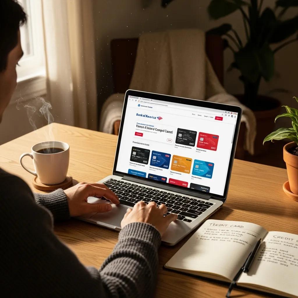 Cozy workspace with a person reviewing Bank of America credit cards, emphasizing financial decision-making