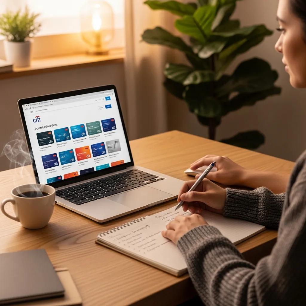 Cozy workspace with a person reviewing Citi credit card options, emphasizing financial planning