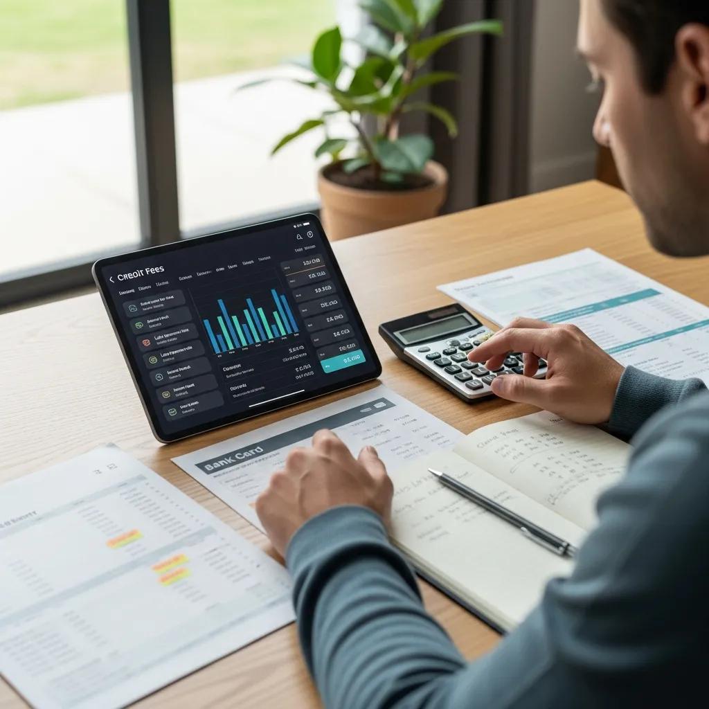 Person analyzing Bank of America credit card fees on a tablet, emphasizing financial evaluation