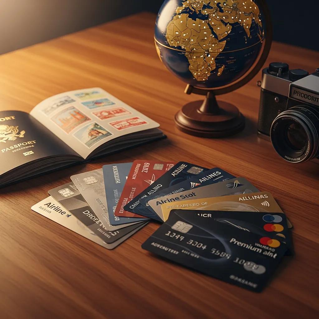 Selection of airline credit cards with travel items, highlighting travel rewards and benefits
