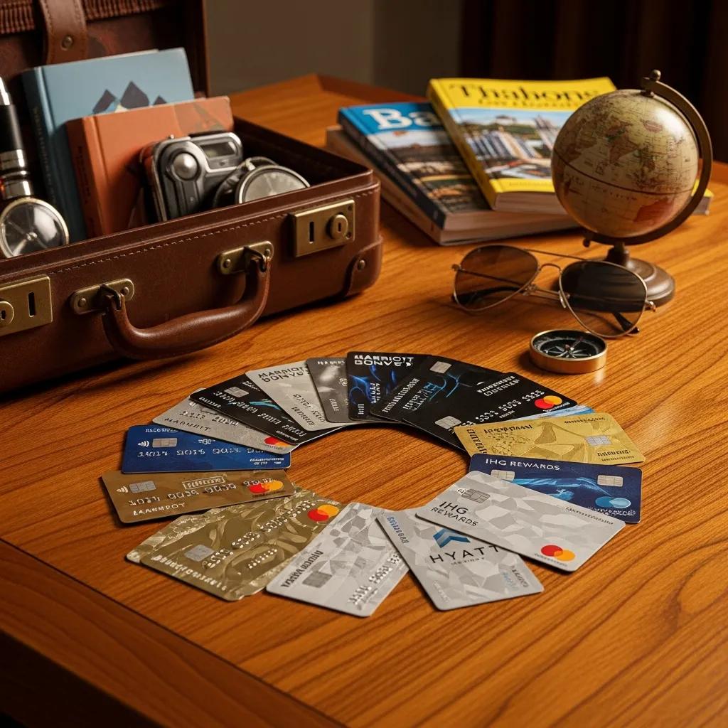 Selection of hotel credit cards on a stylish table with travel-themed elements, emphasizing the best options for 2026