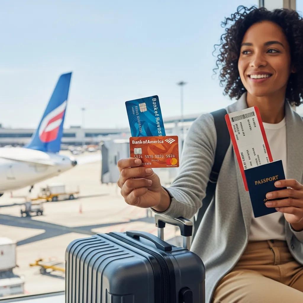Traveler at the airport with Bank of America travel rewards credit card, highlighting travel benefits