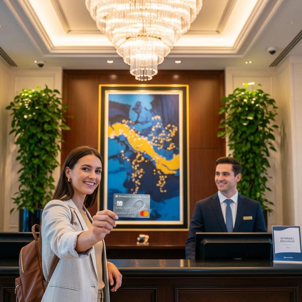 Traveler using hotel credit card at a luxurious hotel reception, showcasing the benefits of hotel credit cards